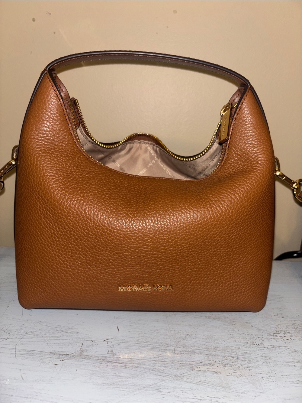 Michael Kors Brown Pebbled Leather Crossbody Hobo with Gold Hardware